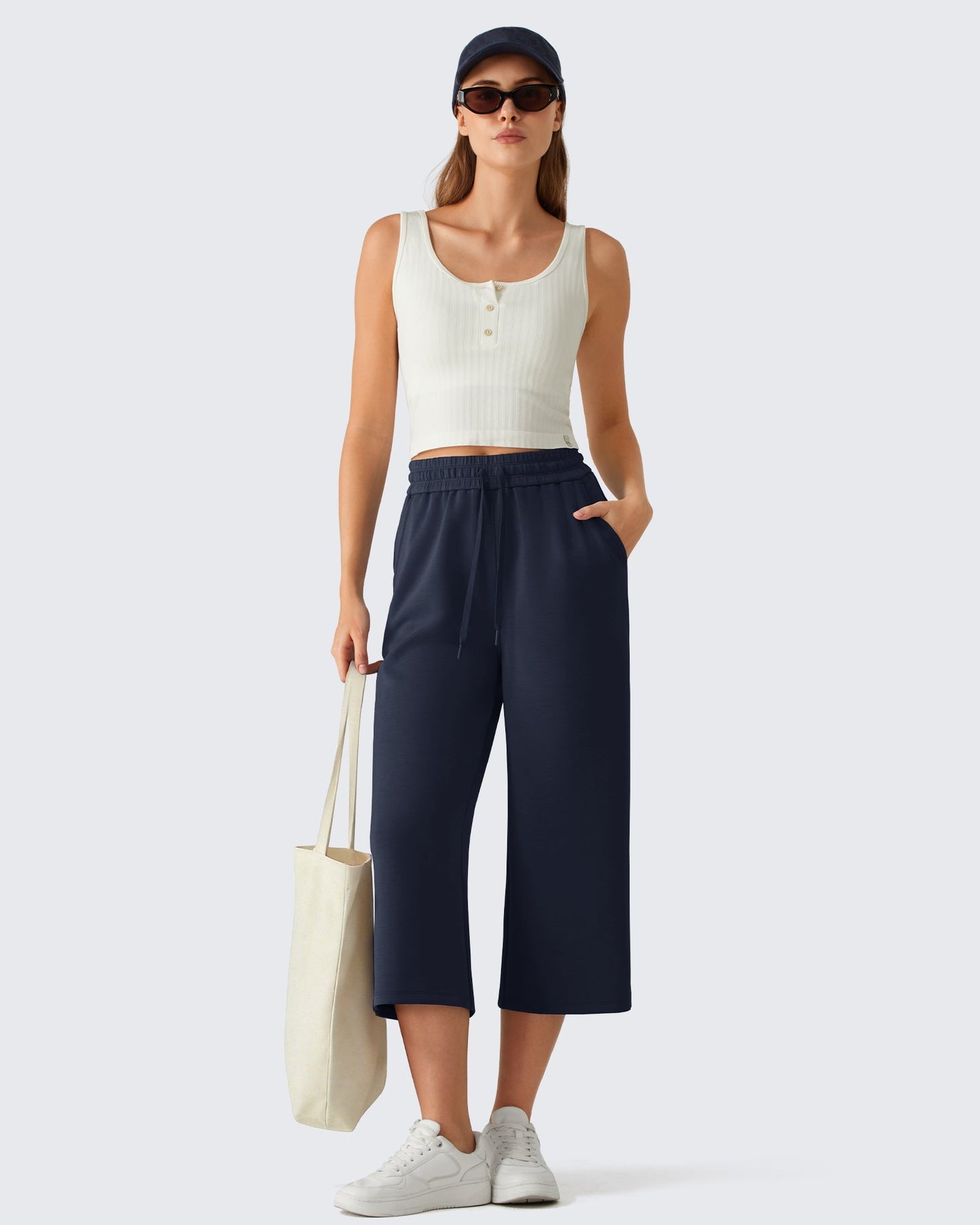 G4Free Smoofit Drawstring Wide Leg Capri Pants with Pockets