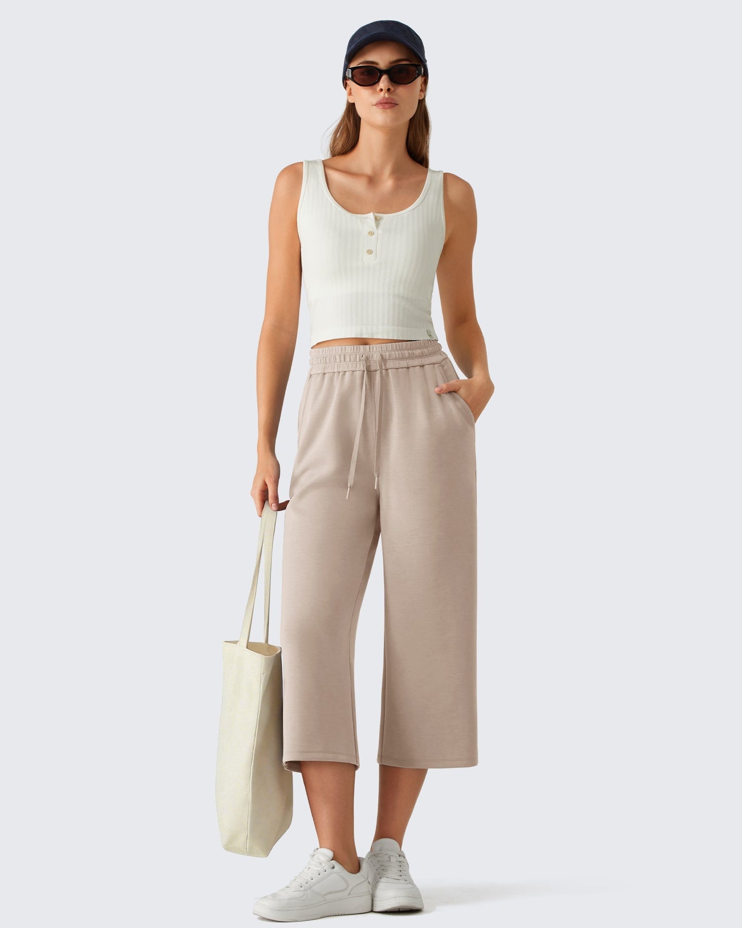 G4Free Smoofit Drawstring Wide Leg Capri Pants with Pockets